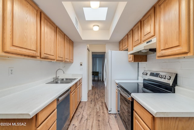 kitchen with appliances with stainless steel finishes, a skylight, sink, a raised ceiling, and light hardwood / wood-style flooring