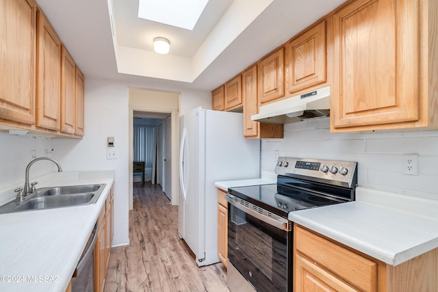 kitchen with sink, a skylight, stainless steel appliances, a tray ceiling, and light brown cabinets