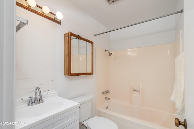 full bathroom with bathing tub / shower combination, vanity, and toilet