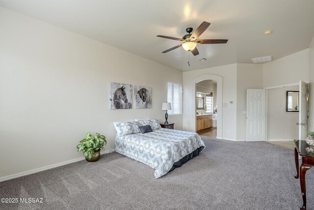 bedroom featuring ceiling fan and carpet floors