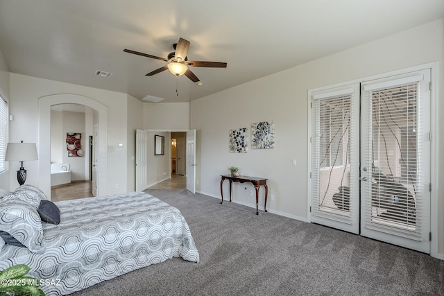 bedroom with carpet, access to exterior, and ceiling fan