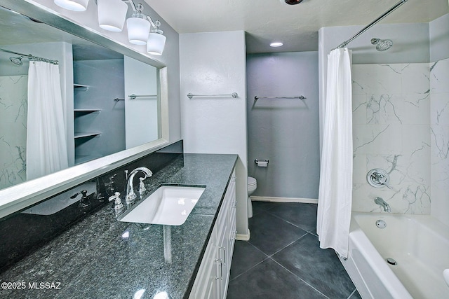 full bathroom with tile patterned floors, vanity, shower / tub combo, and toilet