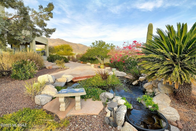 view of yard with a garden pond and a mountain view