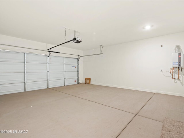 garage with water heater and a garage door opener