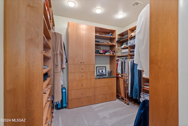 walk in closet with light carpet