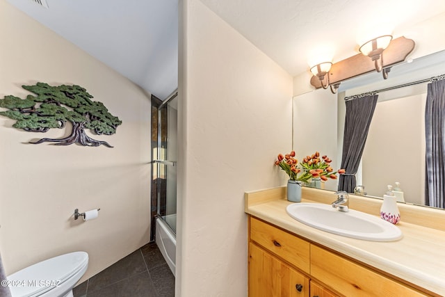 full bathroom with vanity, tile patterned floors, bath / shower combo with glass door, vaulted ceiling, and toilet