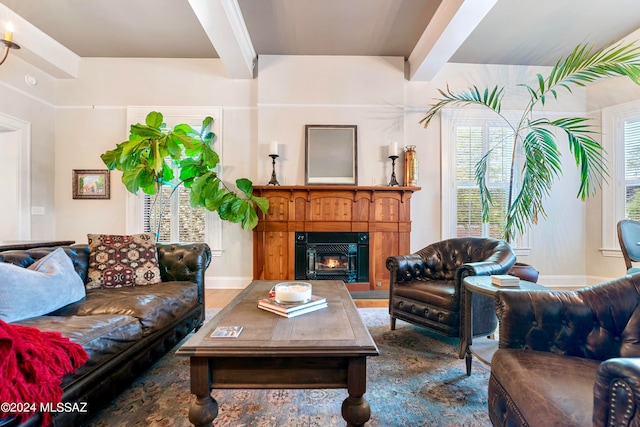 living room featuring plenty of natural light and beamed ceiling