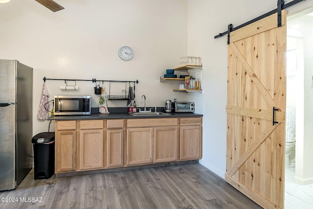 kitchen featuring dark hardwood / wood-style floors, appliances with stainless steel finishes, a barn door, and sink