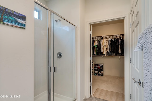bathroom featuring a walk in closet and a stall shower