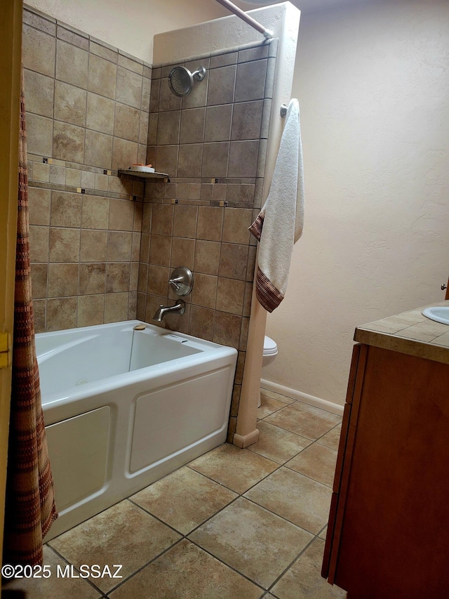 full bathroom with shower / bath combo, vanity, tile patterned floors, and toilet