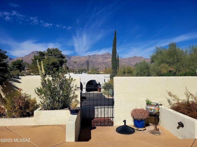 view of patio with a mountain view