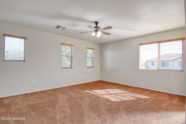 empty room with carpet, plenty of natural light, and ceiling fan