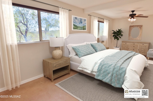 bedroom with beamed ceiling and carpet