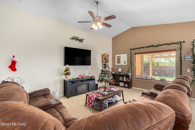 living room featuring light carpet, vaulted ceiling, and ceiling fan