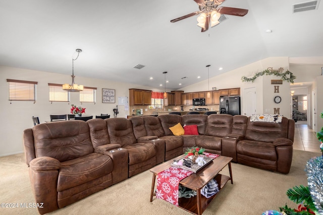 13696 E Aviara Pl, Vail, AZ 85641 - living room featuring lofted ceiling, a ceiling fan, light colored carpet, a chandelier, and recessed lighting