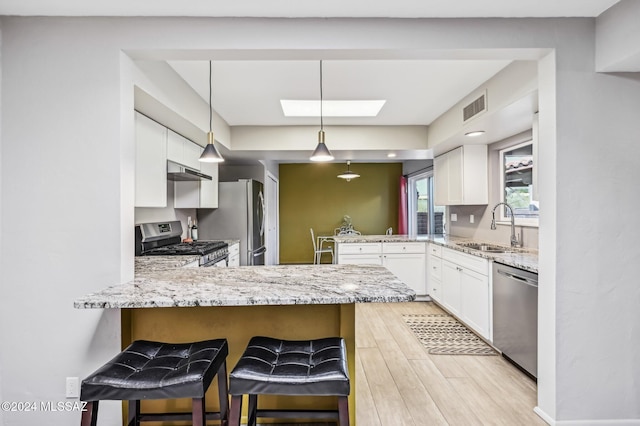 611 S Los Opalos, Green Valley, AZ 85614 - kitchen featuring appliances with stainless steel finishes, a sink, a peninsula, light wood-type flooring, and a skylight