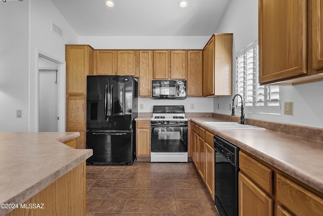 1955 E E Clf, Swallow Trail, Green Valley, AZ 85614 - kitchen with black appliances, a sink, light countertops, recessed lighting, and brown cabinetry