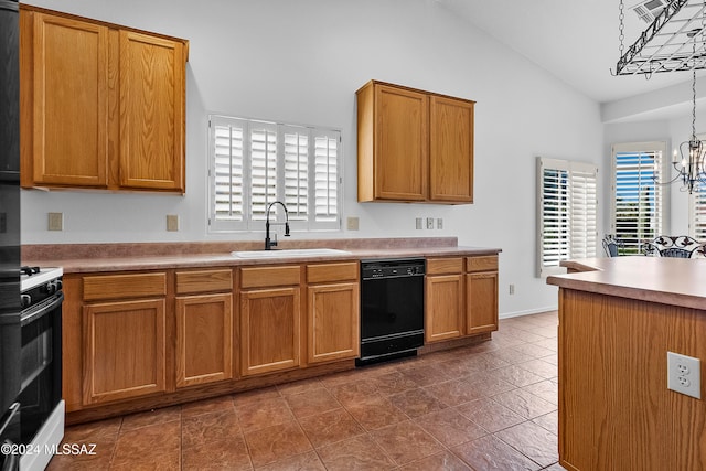 kitchen with lofted ceiling, sink, black dishwasher, decorative light fixtures, and a chandelier