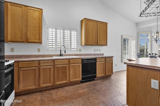 1955 E E Clf, Swallow Trail, Green Valley, AZ 85614 - kitchen featuring dishwasher, a sink, healthy amount of natural light, a chandelier, and high vaulted ceiling
