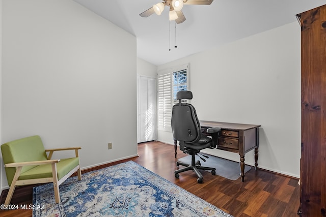 1955 E E Clf, Swallow Trail, Green Valley, AZ 85614 - office area featuring wood finished floors, a ceiling fan, vaulted ceiling, and baseboards