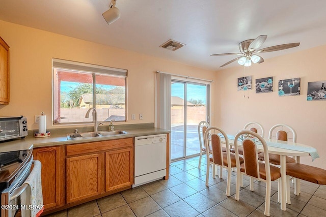 kitchen with dishwasher, ceiling fan, plenty of natural light, and sink