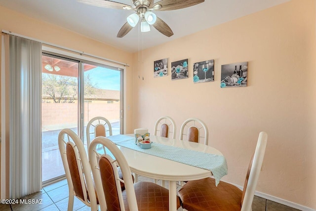 dining room with tile patterned floors and ceiling fan