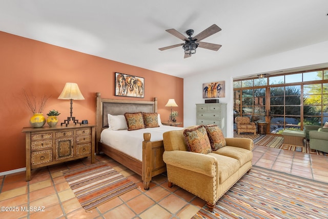 bedroom featuring ceiling fan and light tile patterned floors