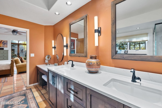 bathroom with ceiling fan, tile patterned floors, vanity, and plenty of natural light