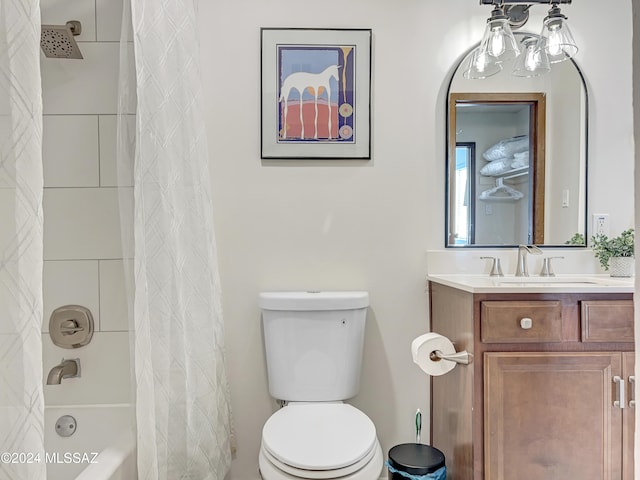 full bathroom featuring vanity, shower / bathtub combination with curtain, and toilet