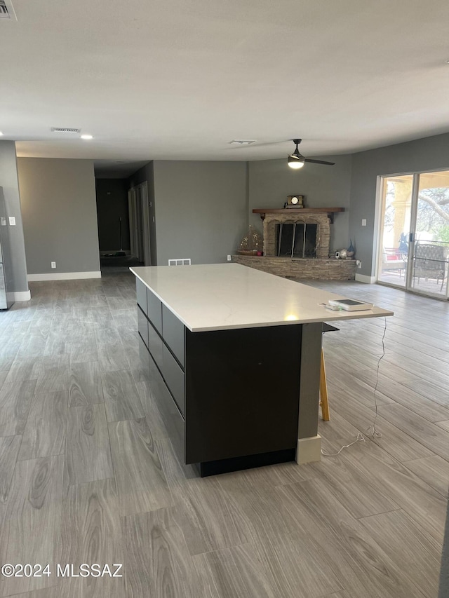 kitchen with a fireplace and light hardwood / wood-style floors