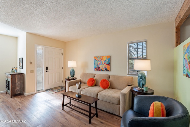 living room with a textured ceiling and light hardwood / wood-style flooring