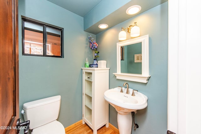 bathroom featuring wood-type flooring and toilet