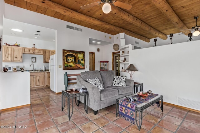 tiled living room with ceiling fan, wooden ceiling, sink, and beamed ceiling