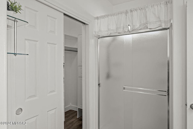 bathroom with hardwood / wood-style floors and a shower with door