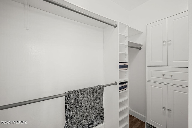 spacious closet with dark wood-type flooring