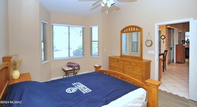 bedroom featuring ceiling fan and light wood-type flooring