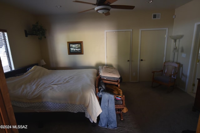 carpeted bedroom featuring ceiling fan