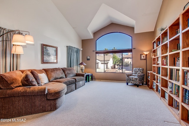 carpeted living room with high vaulted ceiling