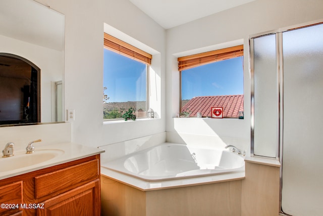 bathroom featuring vanity and independent shower and bath