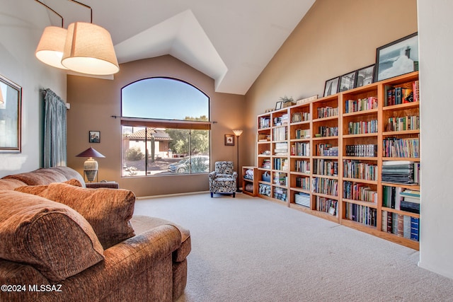 sitting room with carpet and high vaulted ceiling