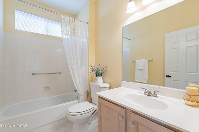 full bathroom with tile patterned flooring, vanity, toilet, and shower / tub combo with curtain