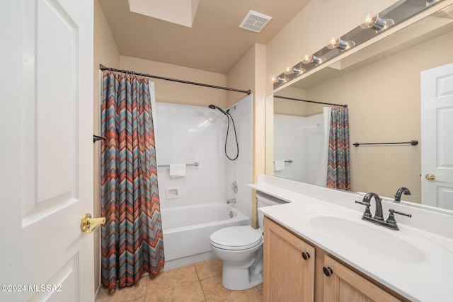 full bathroom with a textured ceiling, vanity, shower / bathtub combination with curtain, tile patterned flooring, and toilet