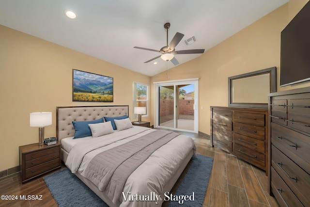 bedroom with access to exterior, ceiling fan, dark wood-type flooring, and vaulted ceiling