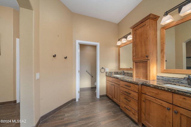 bathroom with toilet, vanity, and hardwood / wood-style flooring