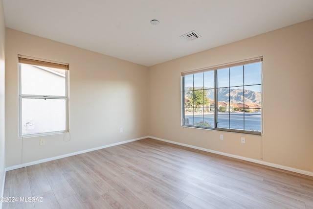 empty room featuring a mountain view, light wood-type flooring, and a wealth of natural light