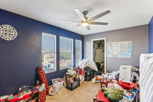 3457 N Crystal Hill Ave, Tucson, AZ 85745 - rec room with a textured wall, carpet flooring, ceiling fan, and a textured ceiling