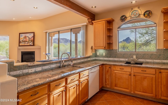 kitchen featuring a mountain view, a healthy amount of sunlight, dishwasher, and sink