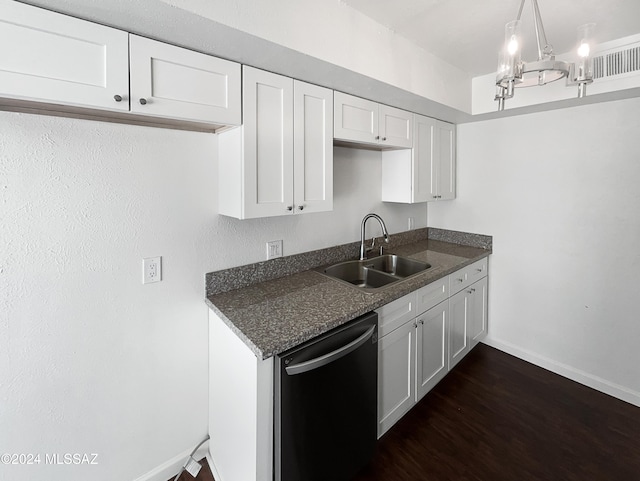 kitchen with dark hardwood / wood-style flooring, stainless steel dishwasher, sink, decorative light fixtures, and white cabinets