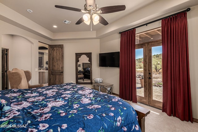 bedroom featuring carpet, ceiling fan, access to exterior, and french doors