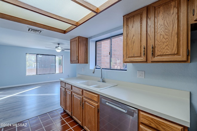 kitchen featuring dark wood-type flooring, ceiling fan, sink, and stainless steel dishwasher